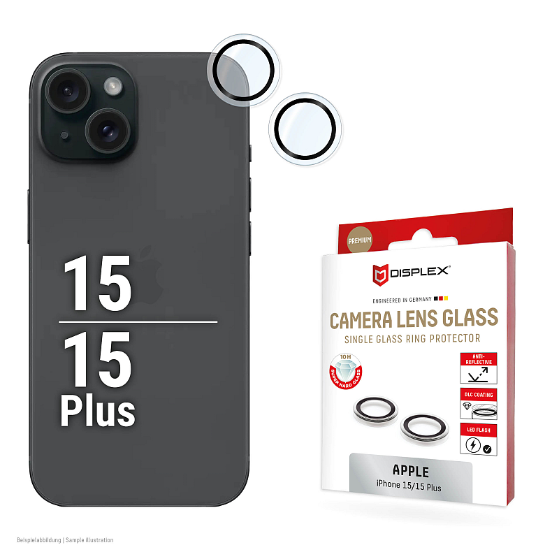 Displex Premium Camera Lens Glass, iPhone 15/15 Plus, Einzelringe, Schutzringe, 10H, transparent, Quick Mount