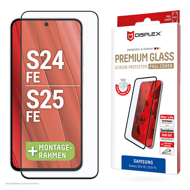 Displex Premium Panzerglas (Full Cover, 10H) für Samsung Galaxy S25 FE/S24 FE, Eco-Montagerahmen, Full Cover