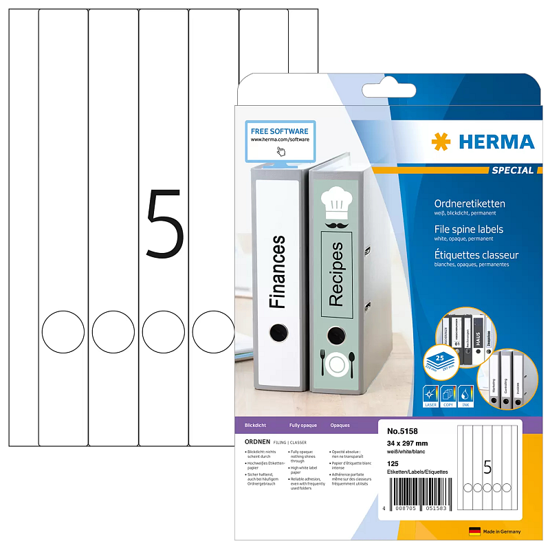 HERMA Ordneretiketten A4 34x297 mm weiß Papier matt blickdicht 125 St.