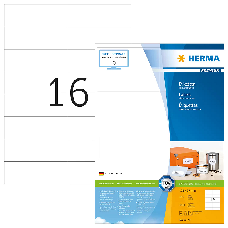 HERMA Etiketten Premium A4 105x37 mm weiß Papier matt 3200 St.