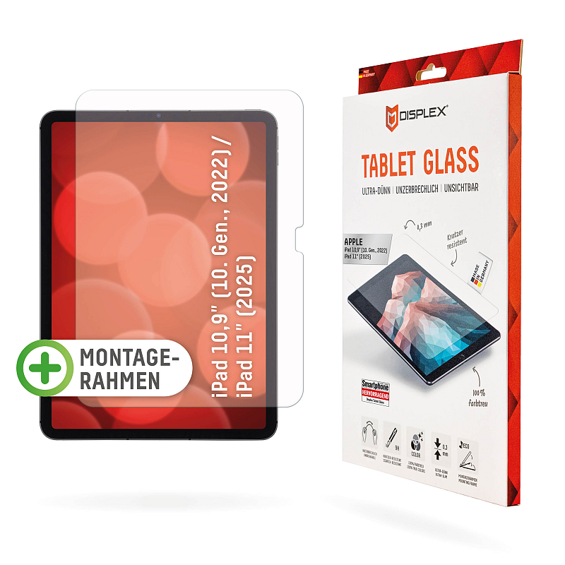 Displex Tablet Glass (9H) für Apple iPad 10,9" (10. Gen., 2022)/11" (2025), Eco-Montagerahmen L-Form, unzerbrechlich