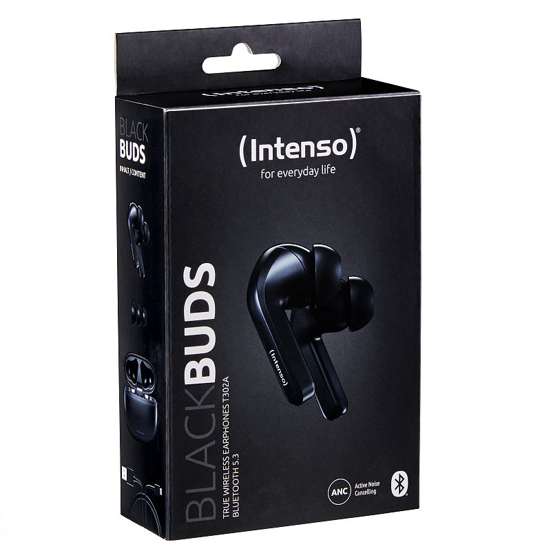 Intenso Black Buds T300A Kopfhörer True Wireless Stereo (TWS) im Ohr Anrufe/Musik/Sport/Alltag USB Typ-C Bluetooth Schwarz