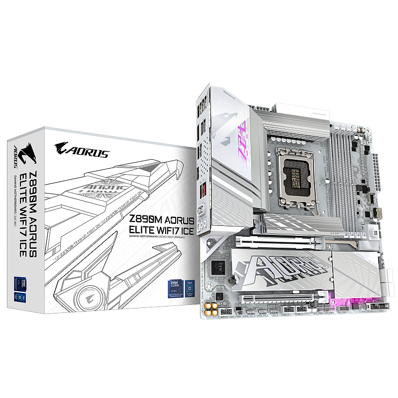 GIGABYTE Z890M AORUS ELITE WIFI7 ICE Mainboard - Unterstützt Intel Core Ultra (Serie 2) CPUs, 12+1+2 Phasen VRM, bis zu 8800MHz DDR5 (OC), 1xPCIe 5.0 + 2xPCIe 4.0, Wi-Fi 7, 2.5GbE LAN, USB 4