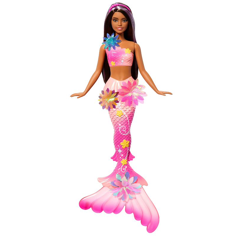 Barbie Flower Magic Meerjungfrauen-Spielzeugpuppe mit magischer Überraschungsblüte und perlenbesetztem Haarreif