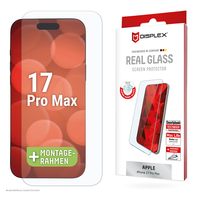 Displex Panzerglas (10H, 2D) für Apple iPhone 17/17 Pro, Eco-Montagerahmen, kratzer-resistent