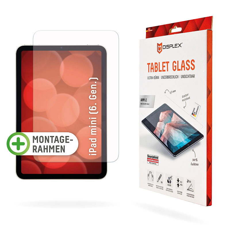 Displex Tablet Glass (9H) für iPad mini 8,3'' (6. Gen.), Eco-Montagerahmen L-Form, unzerbrechlich, ultra-dünn, unsichtbar