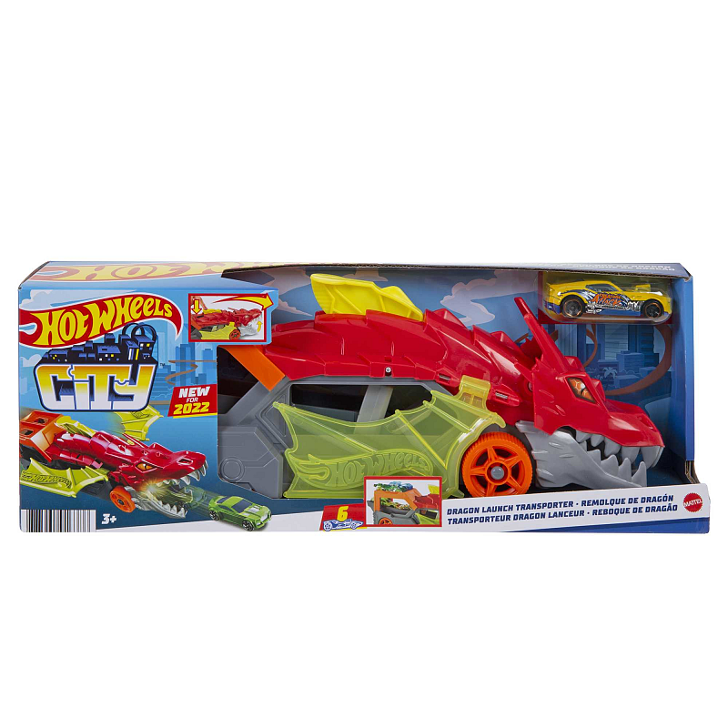 Hot Wheels City Drachentransporter, spuckt Autos aus seinem Maul, Geschenk für Kinder ab 3 Jahren
