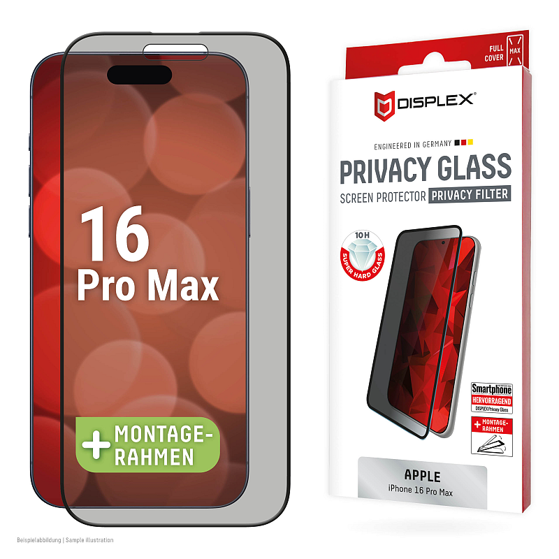 Displex Privacy Panzerglas (10H) für Apple iPhone 16 Pro Max, Eco-Montagerahmen, Privacy Filter