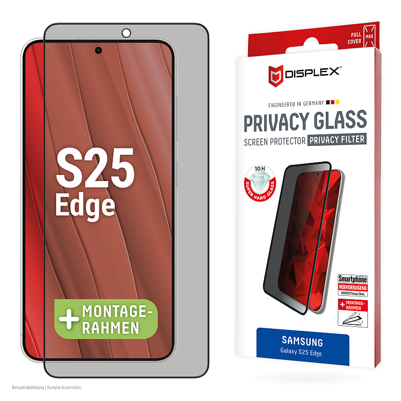Displex Privacy Panzerglas (10H) für Samsung Galaxy S25 Edge, Eco-Montagerahmen, Privacy Filter