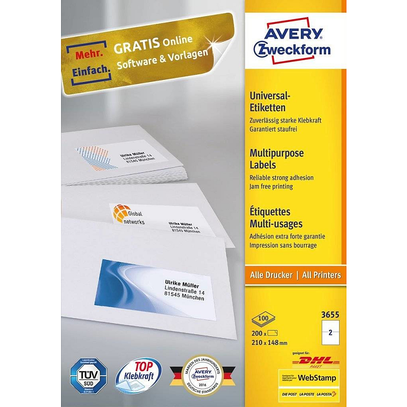 Avery 3655 selbstklebendes Etikett Rechteck Permanent Weiß 200 Stück(e)