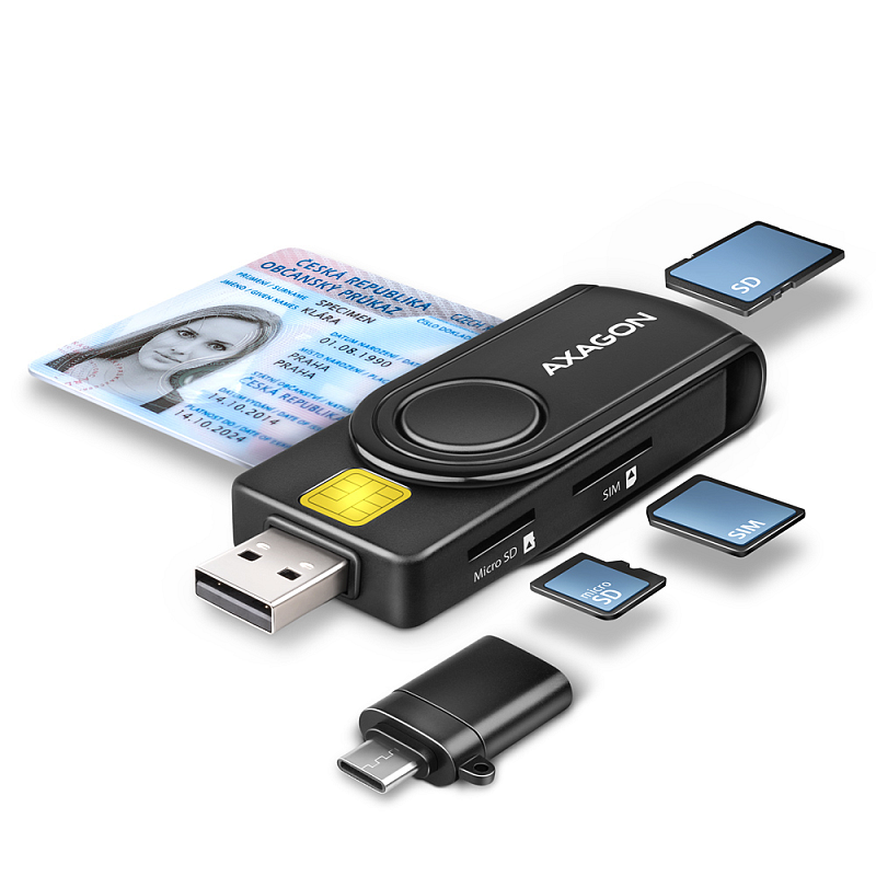 Axagon CRE-SMP2A USB Smart card & SD/microSD/SIM PocketReader Smart-Card-Lesegerät Drinnen USB Type-A/USB Type-C Schwarz