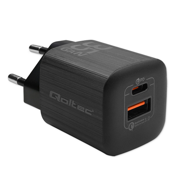 Qoltec 50764 Ladegerät für Mobilgeräte Laptop, Tragbare Spielekonsole, Powerbank, Smartphone, Smartwatch, Tablets Schwarz AC Schnellladung Drinnen