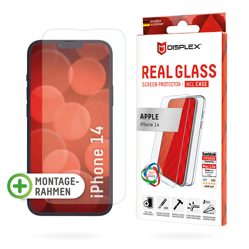 Displex Panzerglas (10H) + Case für Apple iPhone 14, Eco-Montagerahmen, + Case, Tempered Glas, kratzer-resistente Schutzfolie