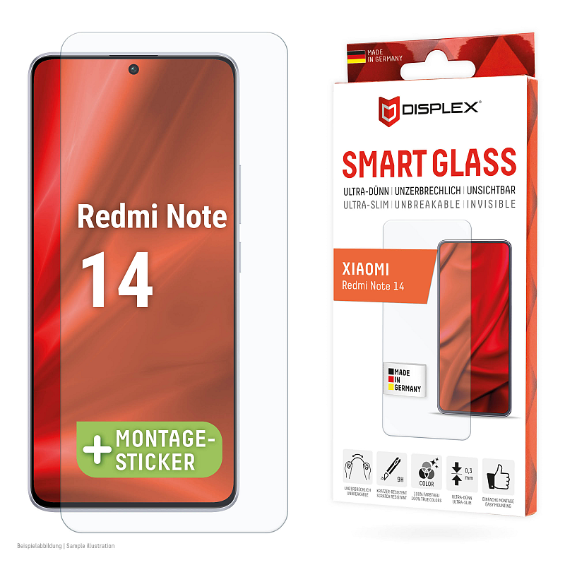 Displex Smart Glass (9H) für Xiaomi Redmi Note 14, Montagesticker, unzerbrechlich