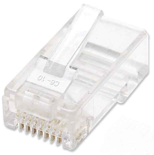 Intellinet 100er-Pack Cat5e RJ45-Modularstecker, UTP, 3-Punkt-Aderkontaktierung, für Massivdraht, 100 Stecker pro Becher
