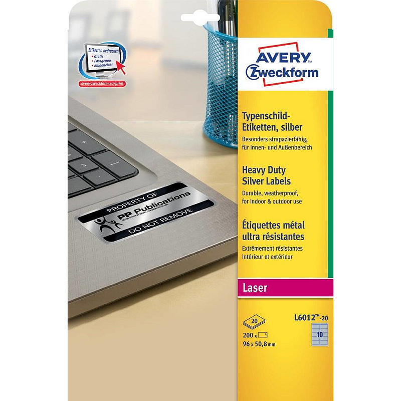 Avery L6012-20 selbstklebendes Etikett Abgerundetes Rechteck Permanent Silber 200 Stück(e)
