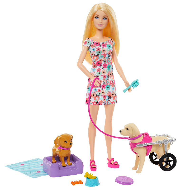 Barbie Barbie-Puppe mit einem Spielzeughündchen und einem Hund mit Rollstuhl, plus Haustierzubehör