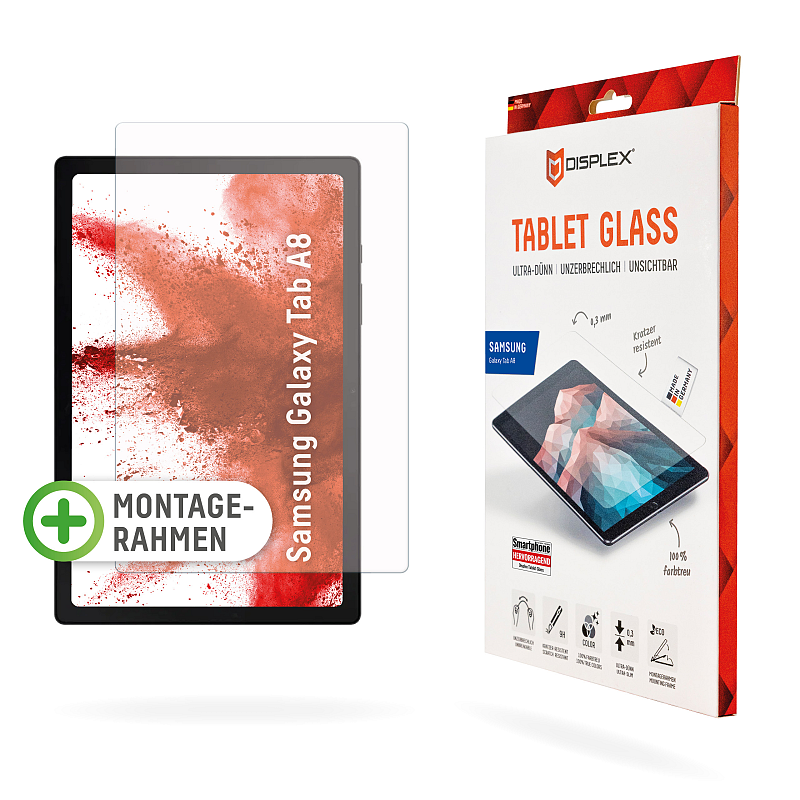 Displex Tablet Glass (9H) für Samsung Galaxy Tab A8, Eco-Montagerahmen L-Form, unzerbrechlich, ultra-dünn, unsichtbar