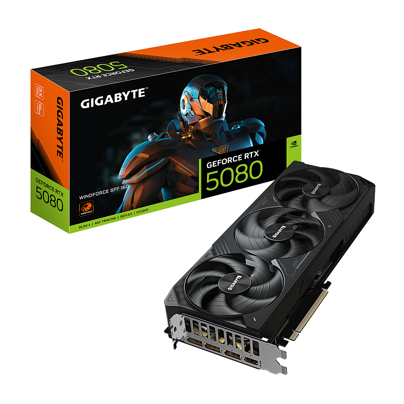 GIGABYTE GeForce RTX 5080 WINDFORCE SFF 16G Grafikkarte - 16GB GDDR7, 256 Bit, PCI-E 5.0, 2617 MHz Core Clock, 3 x DisplayPort, 1 x HDMI, GV-N5080WF3-16GD