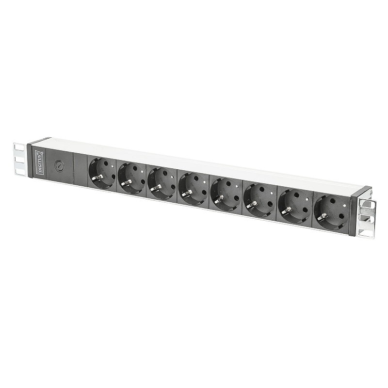 Digitus Steckdosenleiste mit Aluminiumprofil und Vorsicherung, 8-fach Schutzkontaktsteckdose, 2 m Zuleitung IEC C14 Stecker
