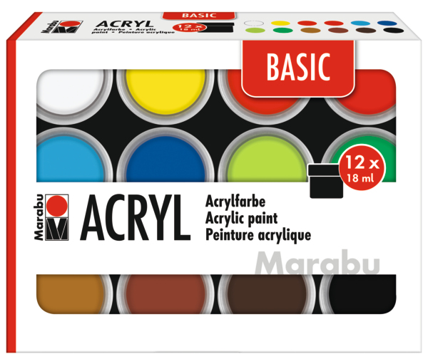 Marabu Basic Acrylfarbe 18 ml Schwarz, Blau, Cyan, Grün, Ocker, Rot, Vermilion, Weiß, Gelb Topf