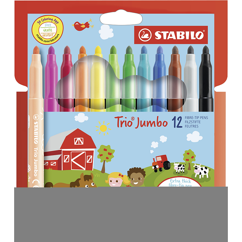 STABILO Trio Jumbo Filzstift Schwarz, Blau, Braun, Grün, Helle Cyan, Hellgrün, Orange, Pfirsich, Pink, Rot, Weiß, Gelb 12 Stück(e)