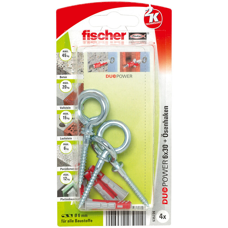 Fischer DuoPower 4 Stück(e) Schraubhaken & Dübelsatz 30 mm