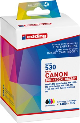 Edding EDD-530 Druckerpatronen Multipack, Schwarz, Cyan, Magenta, Gelb kompatibel zu Canon PGI-1500XLBK/C/M/Y Multipack 4