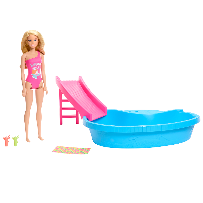 Barbie Barbie-Puppe und Pool Spielset, blonde Puppe mit Pool, Rutsche, Handtuch und Getränke-Accessoires