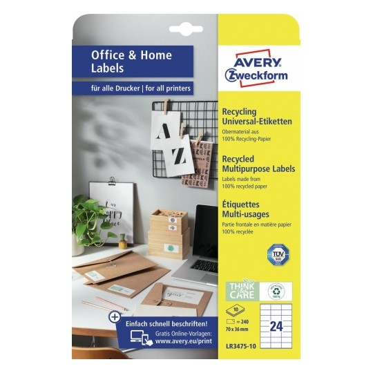 Avery LR3475-10 selbstklebendes Etikett Rechteck Permanent Weiß 240 Stück(e)