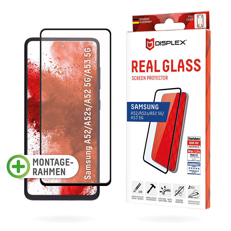 Displex Full Cover Panzerglas (10H) für Samsung Galaxy A52/A52(s) 5G/A53 5G, Eco-Montagerahmen, volle Displayabdeckung, Tempered Glas, kratzer-resistente Schutzfolie, hüllenfreundlich
