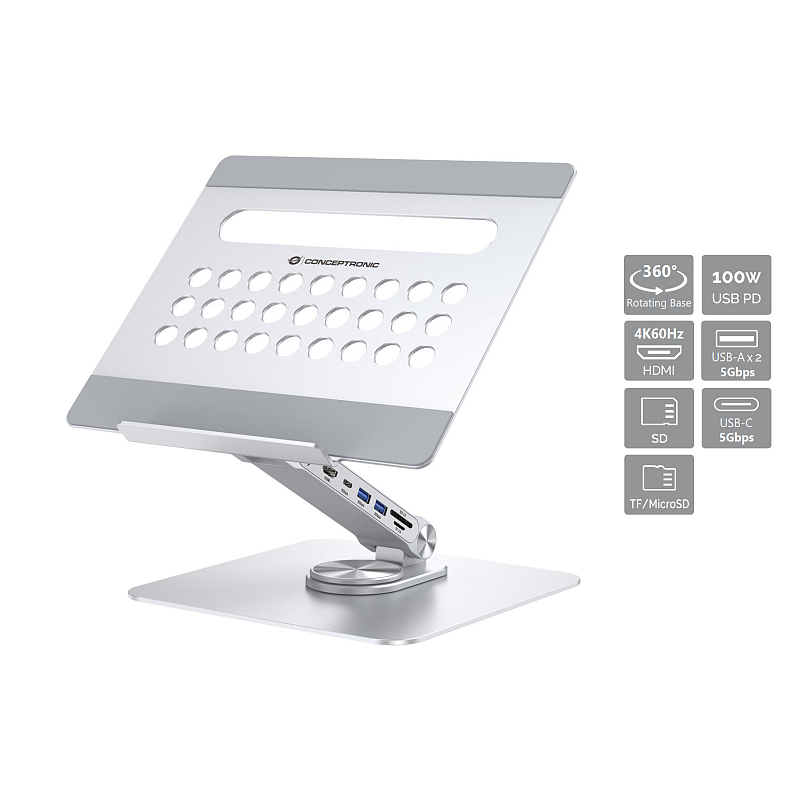 Conceptronic DONN27G Laptop-Ständer mit 7-in-1-Dockingstation, 360° drehbare Basis, faltbar, höhenverstellbar