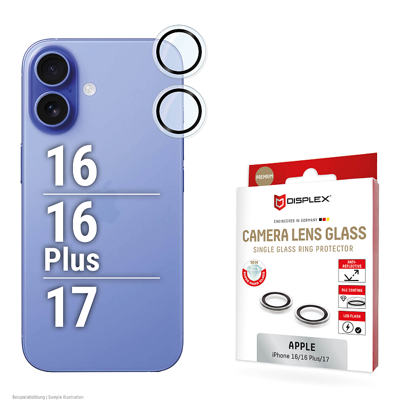 Displex Premium Camera Lens Glass, Apple iPhone 16/16 Plus/17, Einzelringe, Schutzringe, 10H, transparent, Quick Mount